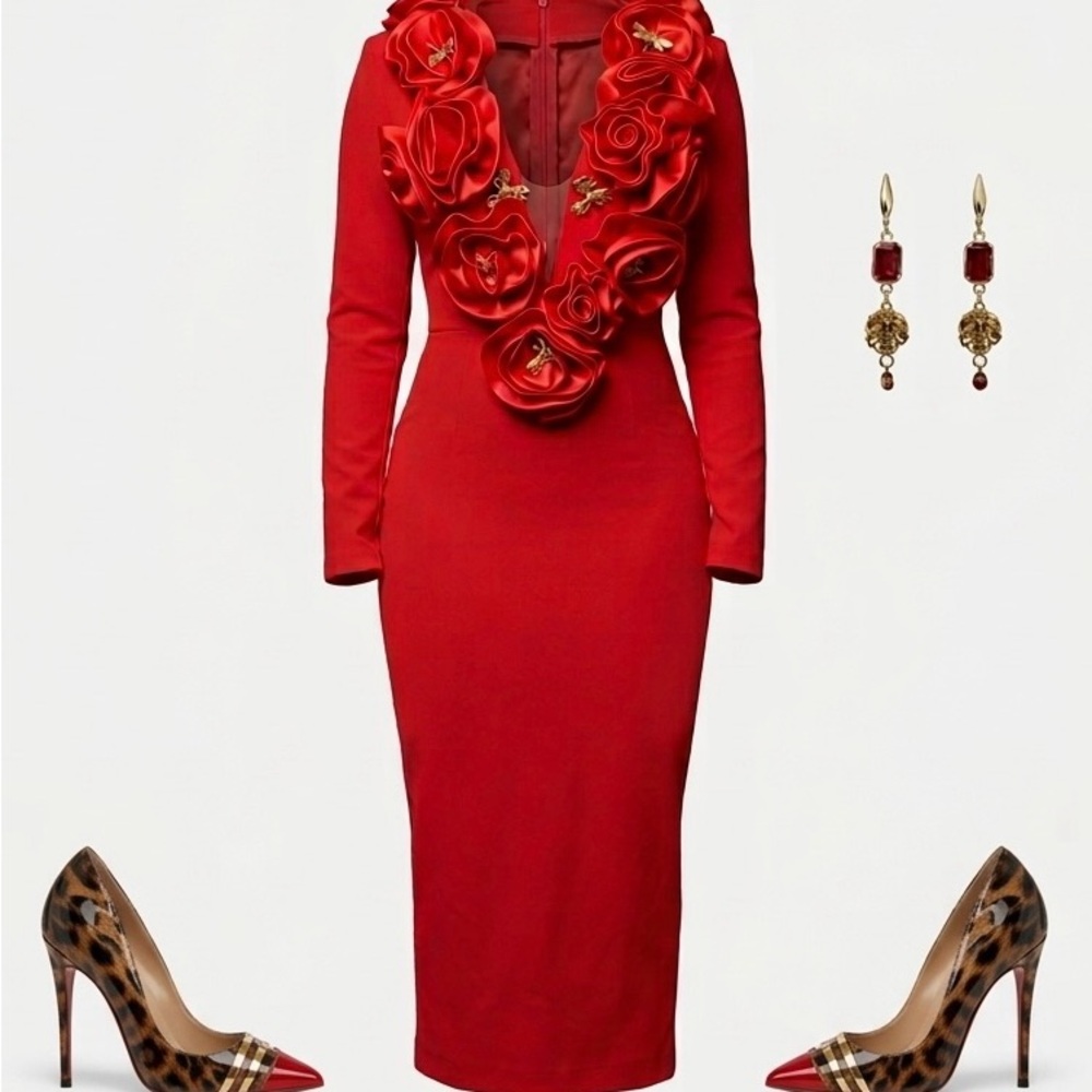 Elegant Red 3D Floral bondage Dress, Heels and earrings set